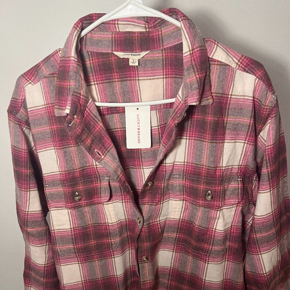 Lucky Brand Plaid Cropped Flannel Shirt Jacket Pink Purple | Size L | Raw Hem